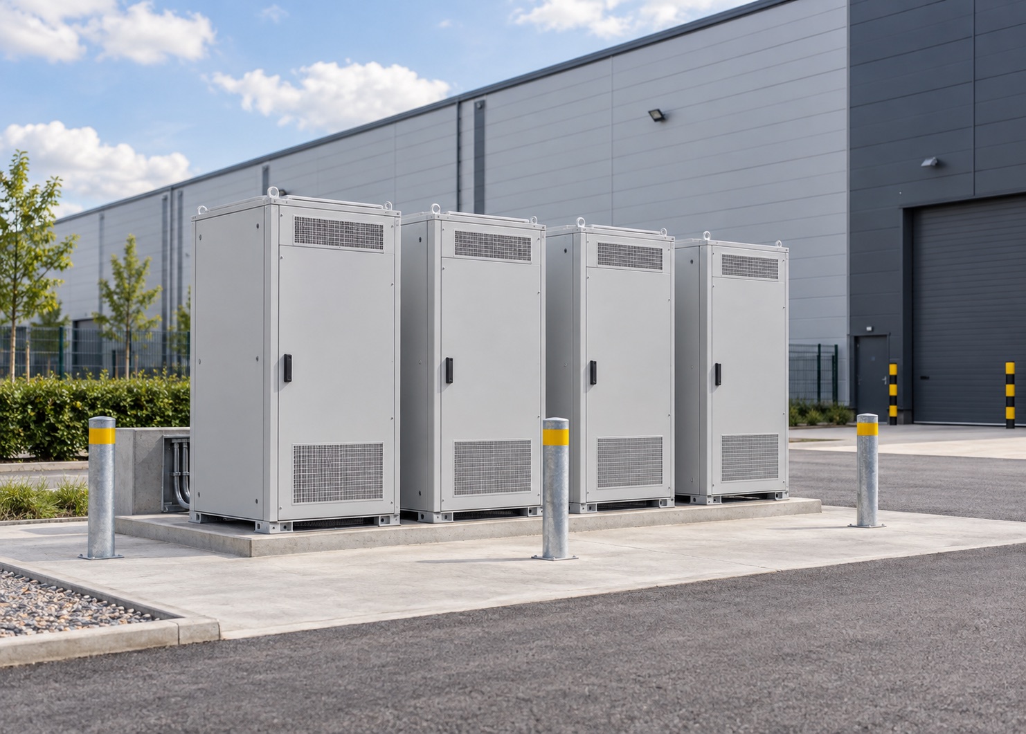 Illustration of substantial outdoor battery storage cabinets beside a commercial building