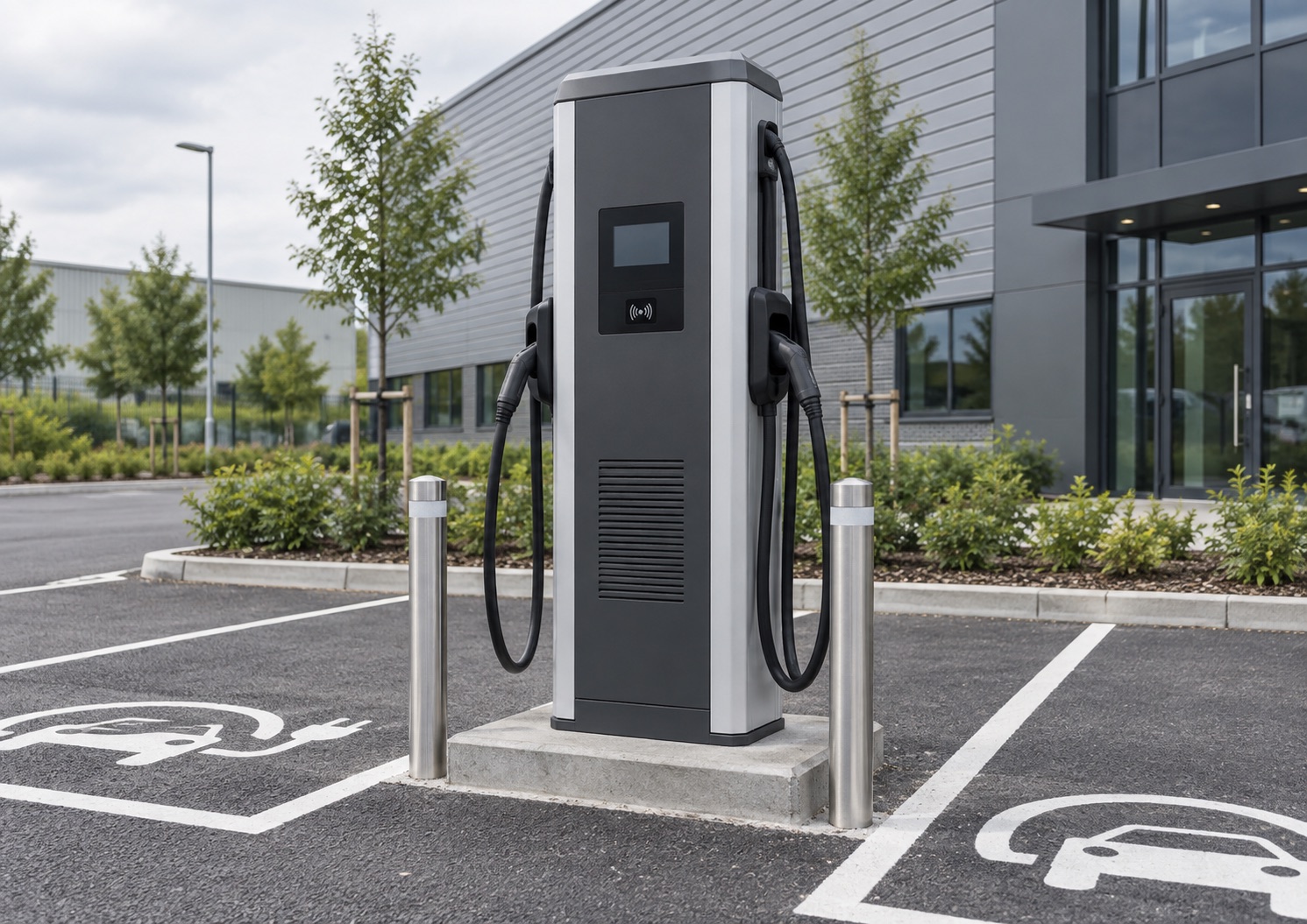 Illustration of a freestanding commercial EV charging station with two charging cables