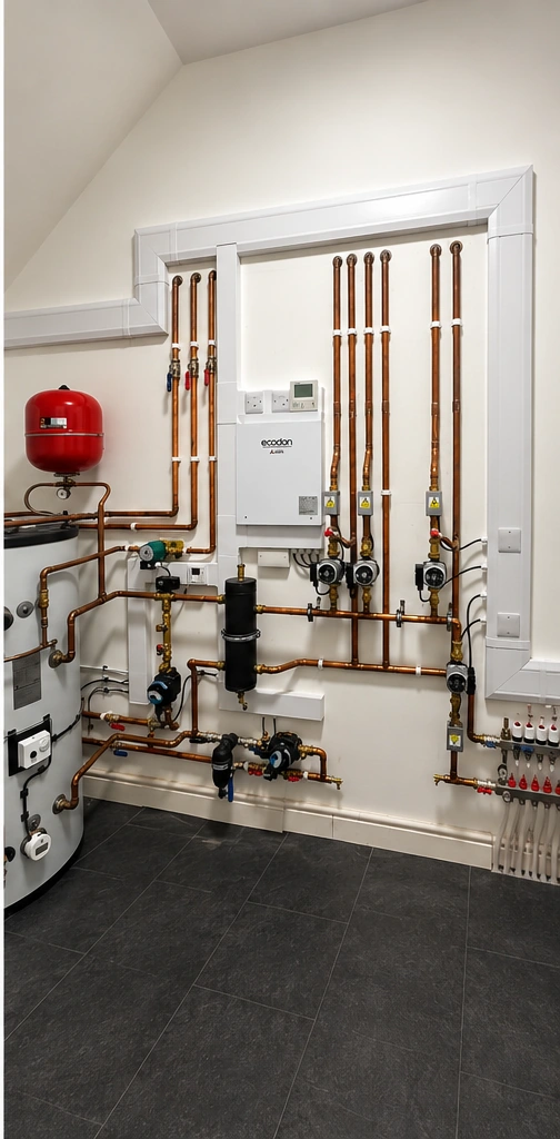 Electrical installation for Mitsubishi Ecodan air source heat pump system in Kenilworth