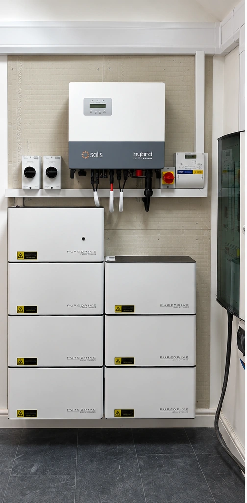 Solis three phase hybrid inverter and PureDrive battery storage installed by NS Booth in Kenilworth